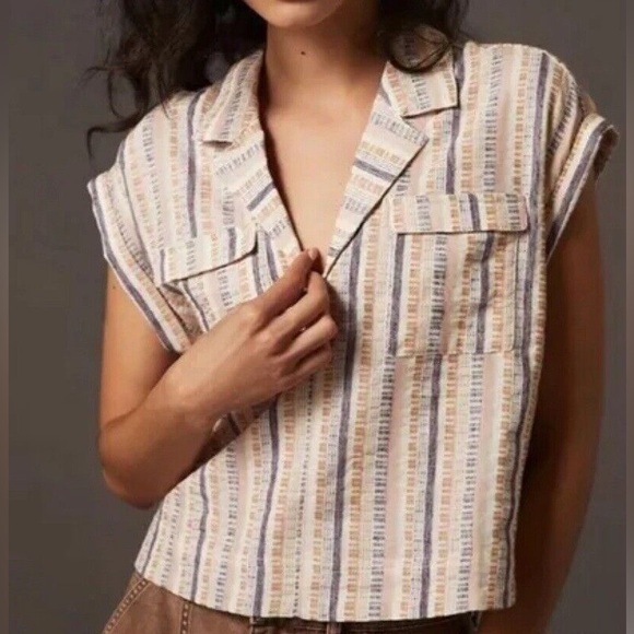 Anthropologie Tops - By Anthropologie Cropped Utility Pullover Top Striped Tan Purple Pink Size small